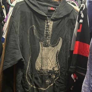 Fender Black Zip-Up Hoodie with Faded Silver Guitar Print